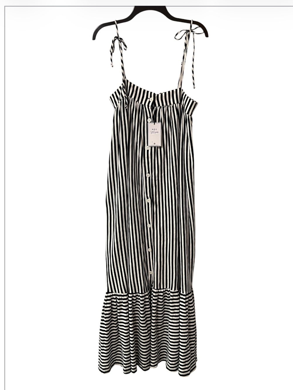 MDS Stripes by MDS Dark Blue and White Tiered Button Front Dress Size Small NWT